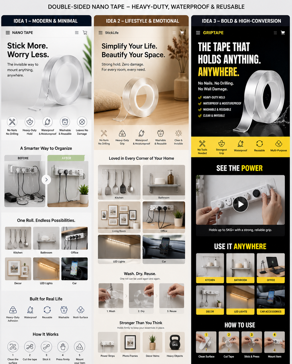 A promotional collage for reusable nano tape, showing three large landing page design concepts with text blocks, product photos, icons, and call-to-action panels.


