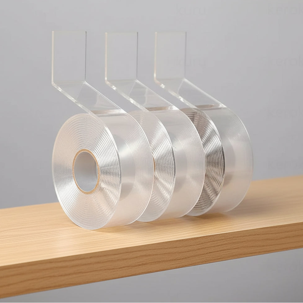 Clear tape roll with gold mesh on a wooden surface