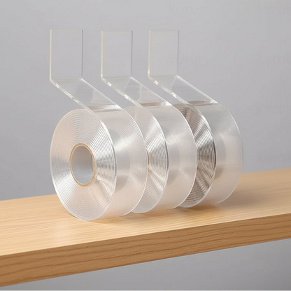 Clear tape roll with gold mesh on a wooden surface